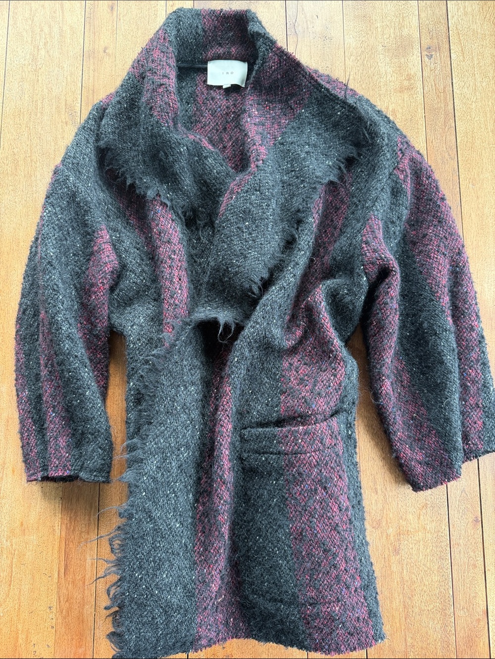 IRO Charcoal & Burgundy Striped Shawl-Collar Sweater